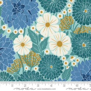 Dahlias and Zinnias in Robins Egg for Field of Flowers by Katharine Watson for Moda Fabrics