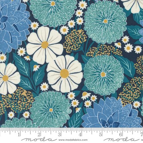 Dahlias and Zinnias in Navy for Field of Flowers by Katharine Watson for Moda Fabrics