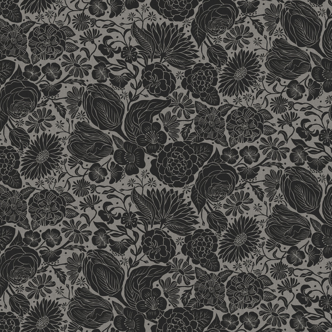 Floral in Black for Folktale Canvas Linen for FIGO Fabrics