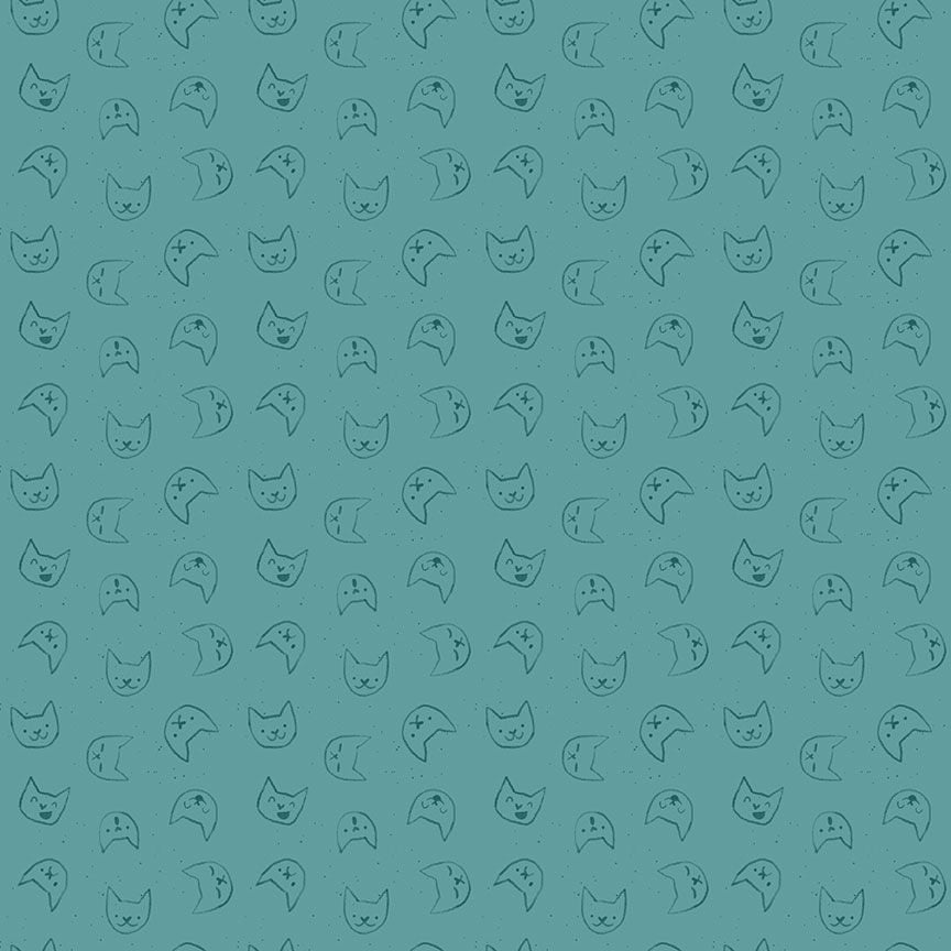 Emoti Cats in Teal  in Ice for Lazy Sunday for Dear Stella Fabrics