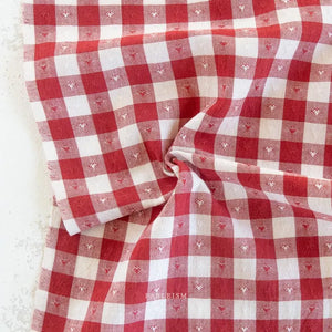 Dobby Hearts Gingham in Cherry- Queen of Hearts- Fableism- 54” Wide- Red and White