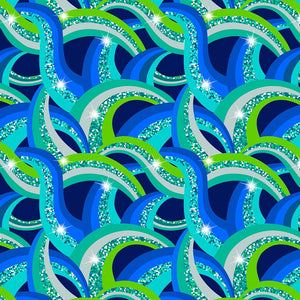 Blue Rainbows With Silver Metallic for Disco by Lewis and Irene Fabrics