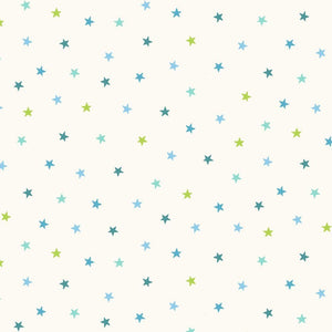 Blue & Green Stars on White from In the Jungle by Makower for Andover Fabrics